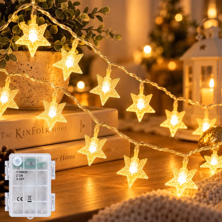 Catena luminosa con stelle, 6 metri, 40 LED, luce bianco caldo, con timer