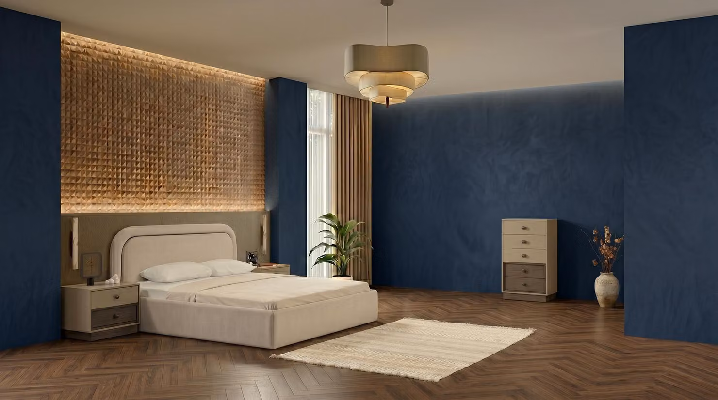 Set moderno per camera da letto beige: letto, comò, comodini, mobili di design
