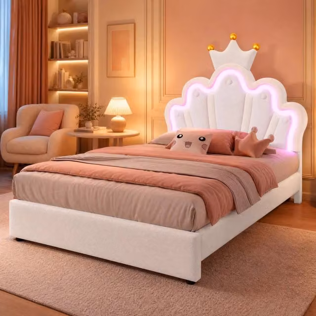 Letto imbottito 90 x 200 cm con testiera regolabile; LED a 16 colori e 2 cassetti; PU bianco