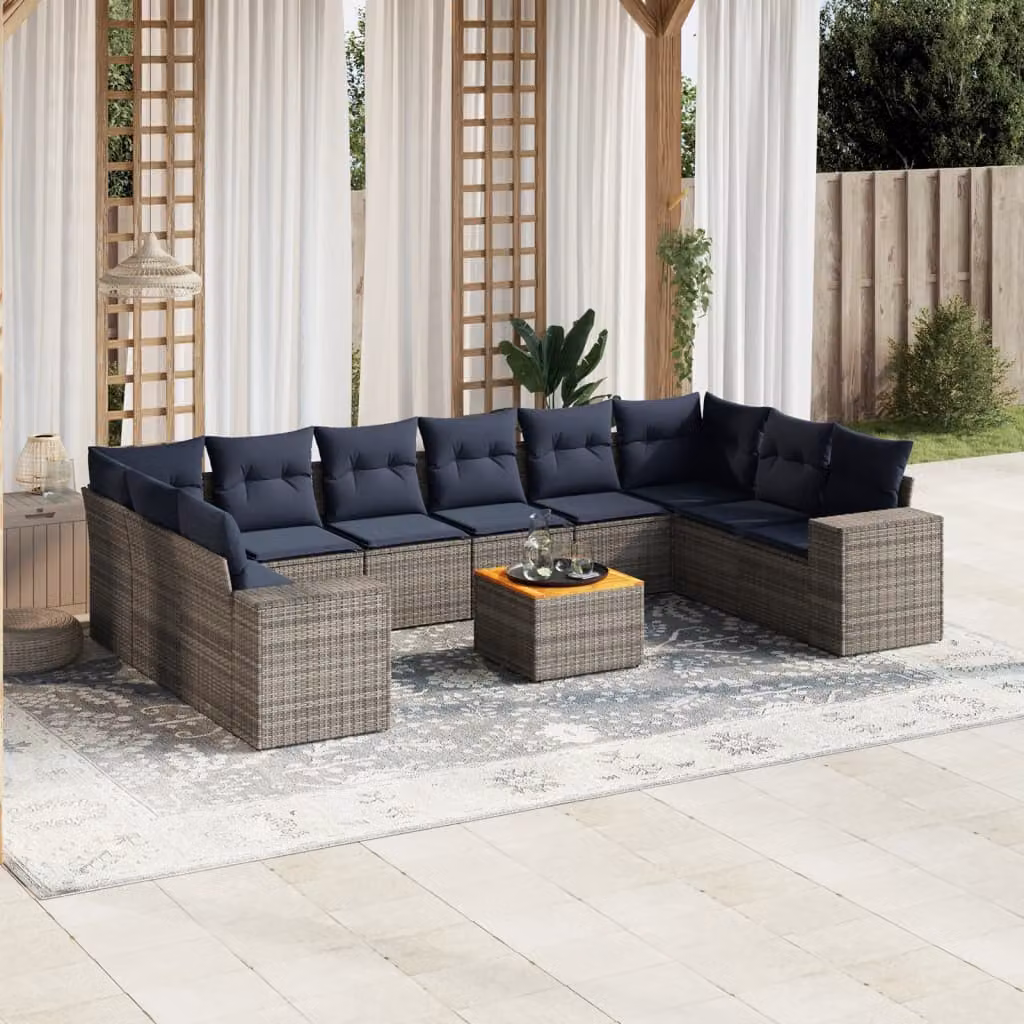 Set di divani da giardino vidaXL in polyrattan da 11 pezzi con cuscini e tavolino da esterno, colore grigio e blu, design moderno a L con struttura in metallo e legno di acacia