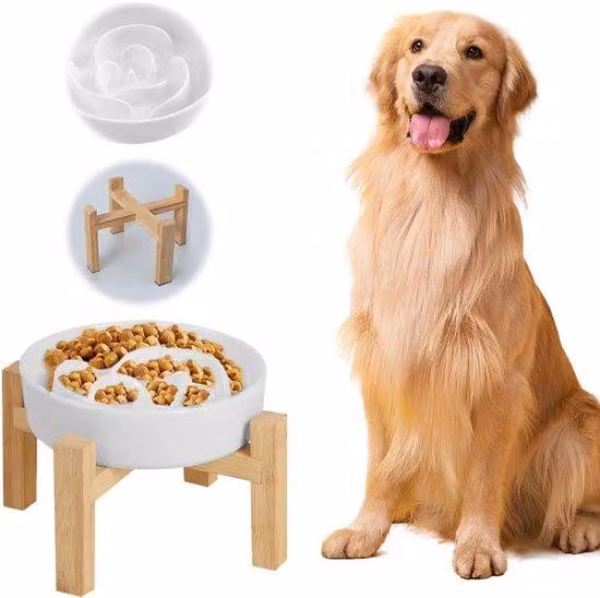Ciotola antiscivolo in bambù per cani di taglia media e grande - Ciotola slow feeder in Vetroceramica per cani - Lunghezza 225 cm, colore bianco