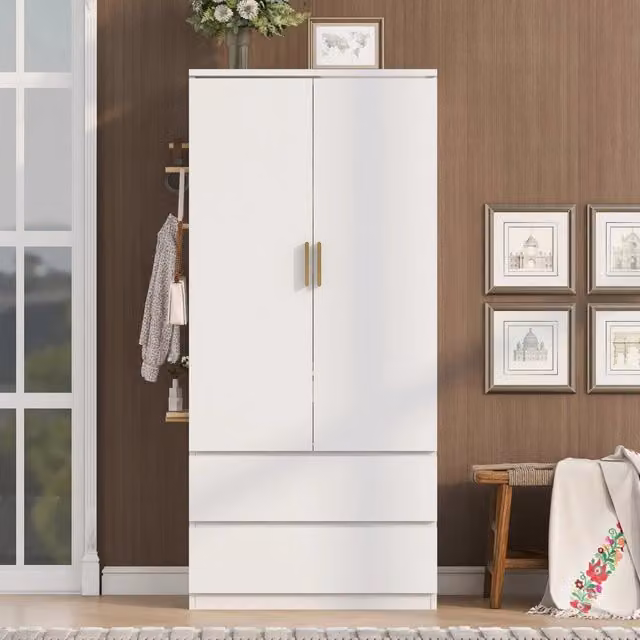 Armadio multifunzione 70x50x170 cm con 2 cassetti; vani nascosti e pannello forato bianco