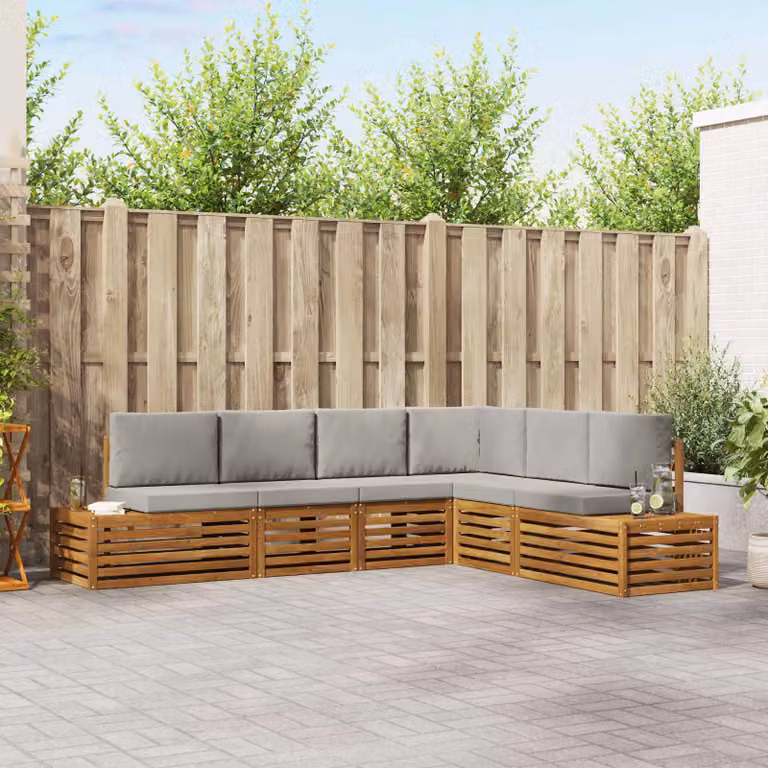 Set di divani da esterno vidaXL a forma di L composto da 6 pezzi in legno di acacia con cuscini inclusi, colore marrone e grigio