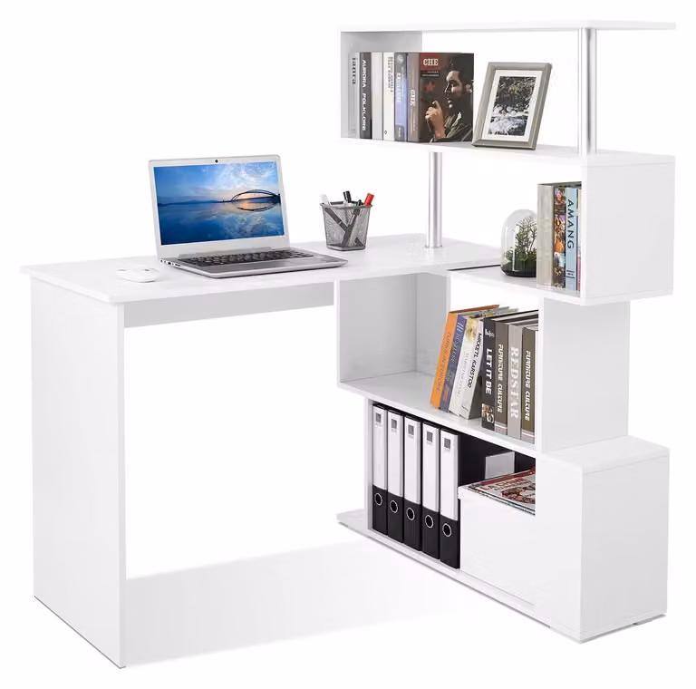 Scrivania a forma di L con libreria girevole a 360°