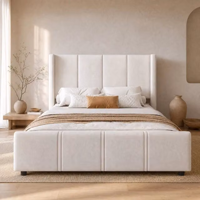 Letto 140x200 cm beige – testiera e pediera alte, USB/Type, senza materasso