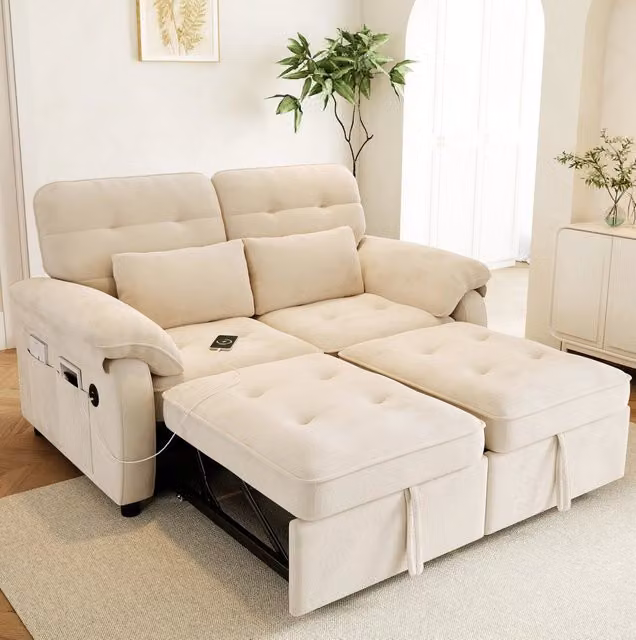 Divano letto 3 in 1 a 2 posti con schienale regolabile; USB e Type-C; ciniglia beige