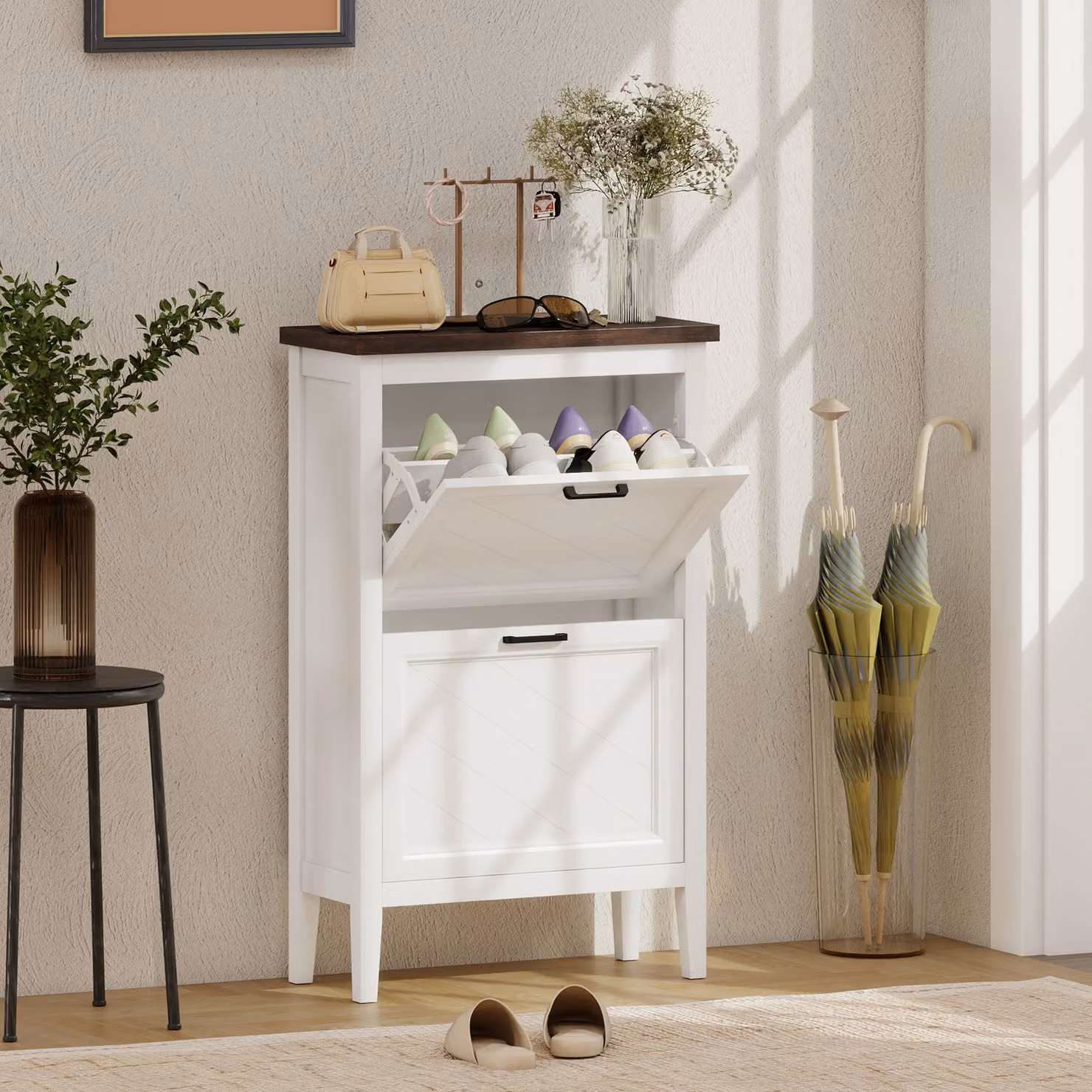 Scarpiera Country HOMCOM Bianca con 2 Cassetti Ribalta e Ripiani Regolabili – 2