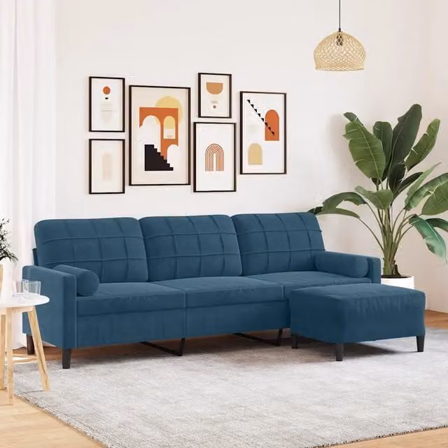 Divano a 3 posti moderno vidaXL in velluto blu con poggiapiedi coordinato e struttura in metallo L: 226 cm, P: 80 cm, H: 77 cm – 1