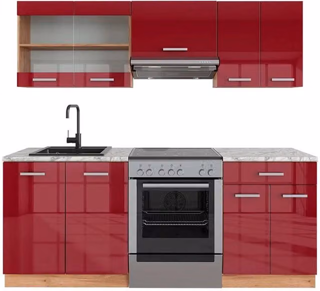 Cucina componibile moderna Vicco R-Line Rosso lucido e Rovere dorato L: 200 cm