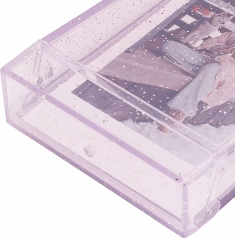 Scatola porta foto per fotocamera istantanea da 7,6 cm (3 pollici), PC, mini supporto, coperchio con corda a mano, immagini, biglietti, viola, trasparente, scintillante
