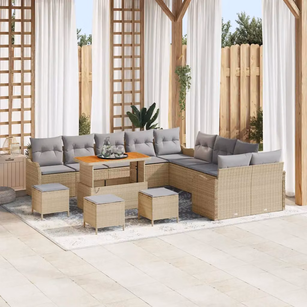 Set Divano da Giardino vidaXL 14 pz Beige in Polyrattan con Cuscini e Struttura in Acciaio per Terrazza e Balcone