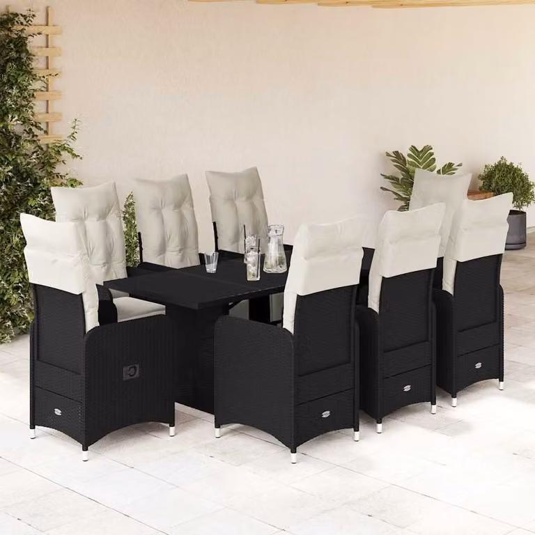Set Bistrò da Giardino e Balcone vidaXL 9 pz in Polyrattan Nero con Cuscini e Piano in Vetro