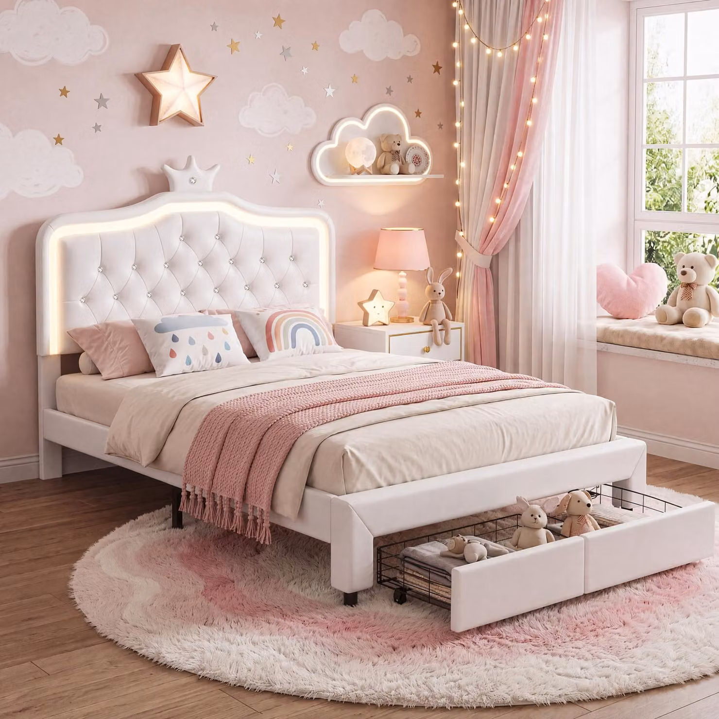 Letto per bambini INONEFT, 140x200 cm, con LED, letto a due piazze con rete a doghe e 2 cassetti, letto imbottito con poggiatesta regolabile, in PU, senza materasso, colore bianco