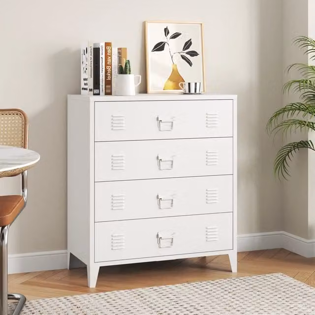 Cassettiera Hämeenlinna en.casa in acciaio con 4 cassetti, colore bianco, L: 92 cm, H: 80 cm, P: 40 cm