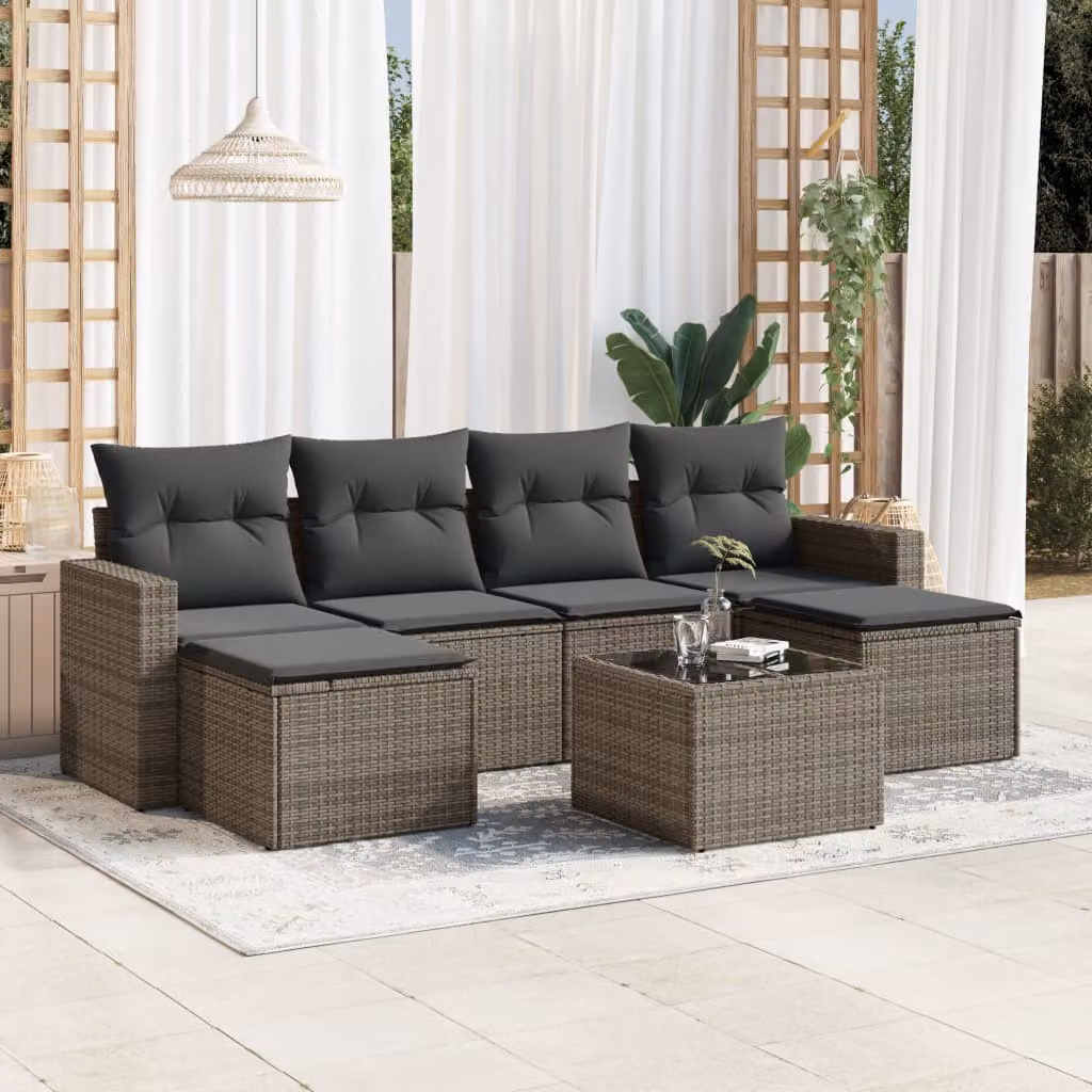 vidaXL Set Divani da Giardino 7 pz a Forma di L con Cuscini Grigio in Polyrattan e Tavolino da Esterno – 1