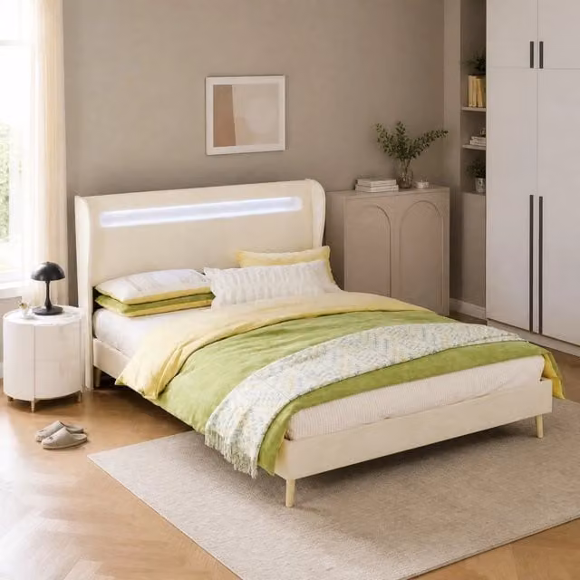 Letto matrimoniale con LED regolabile 140x200 cm in tessuto e metallo; beige