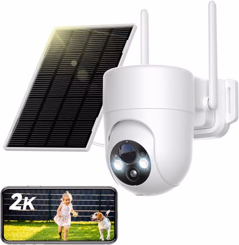 Telecamera da esterno a energia solare - Risoluzione 2K - Rotazione e inclinazione a 360 gradi - Visione notturna a colori - Connessione Wi-Fi - Grado di protezione IP66 (resistente all'acqua)