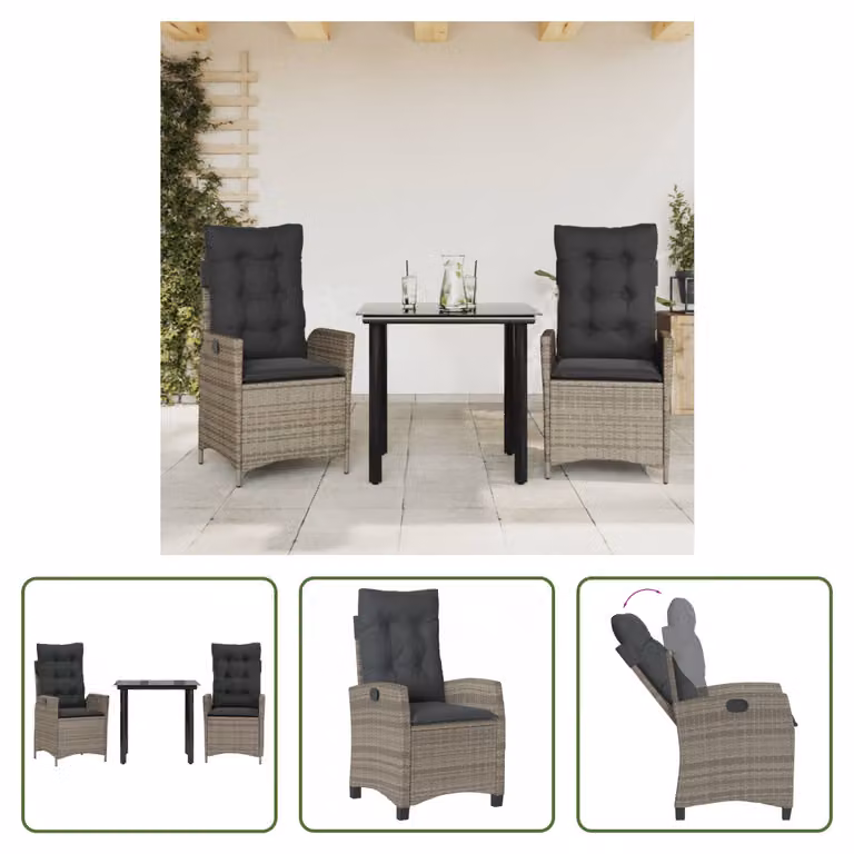 The Living Store Set da pranzo da giardino in 3 pezzi con cuscini in poly rattan grigio