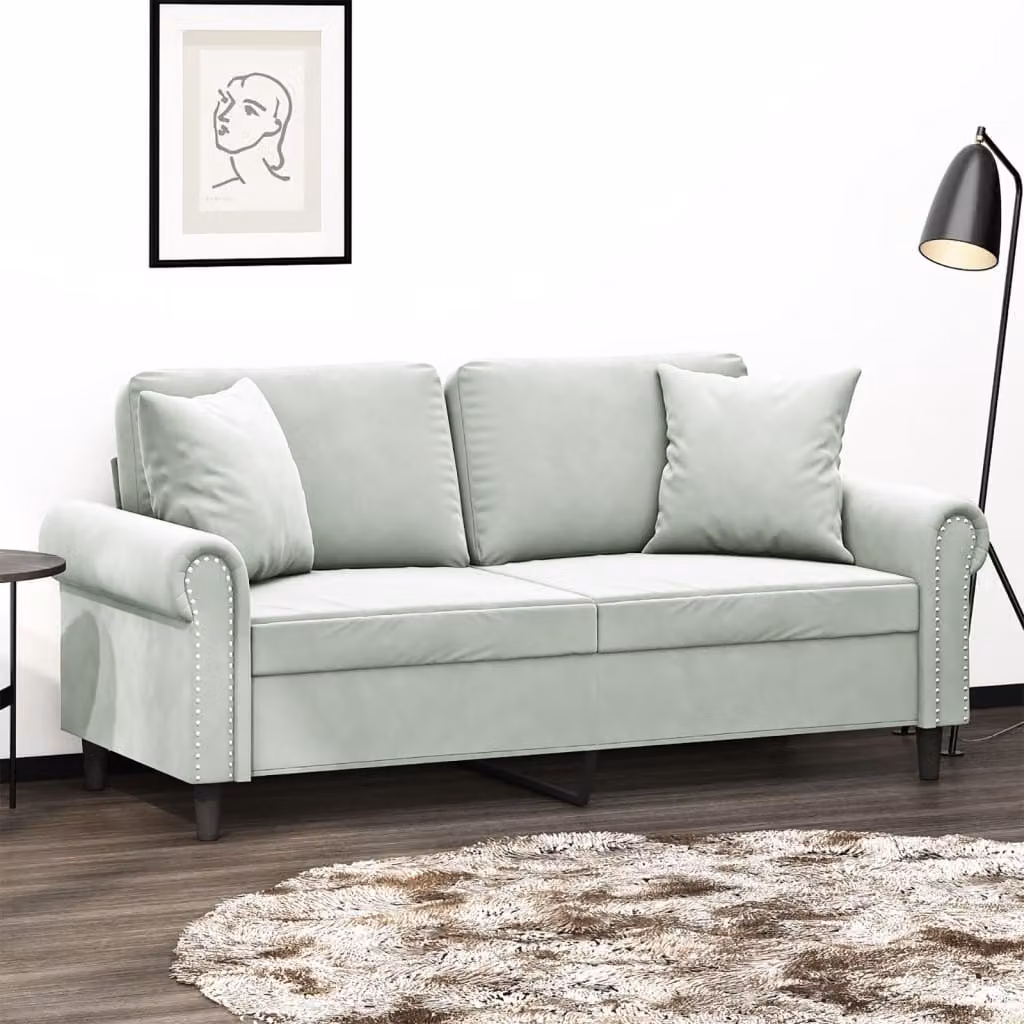 vidaXL Divano a 2 Posti Moderno in Velluto Grigio con Cuscini e Struttura in Metallo L: 140 cm, P: 80 cm, H: 77 cm
