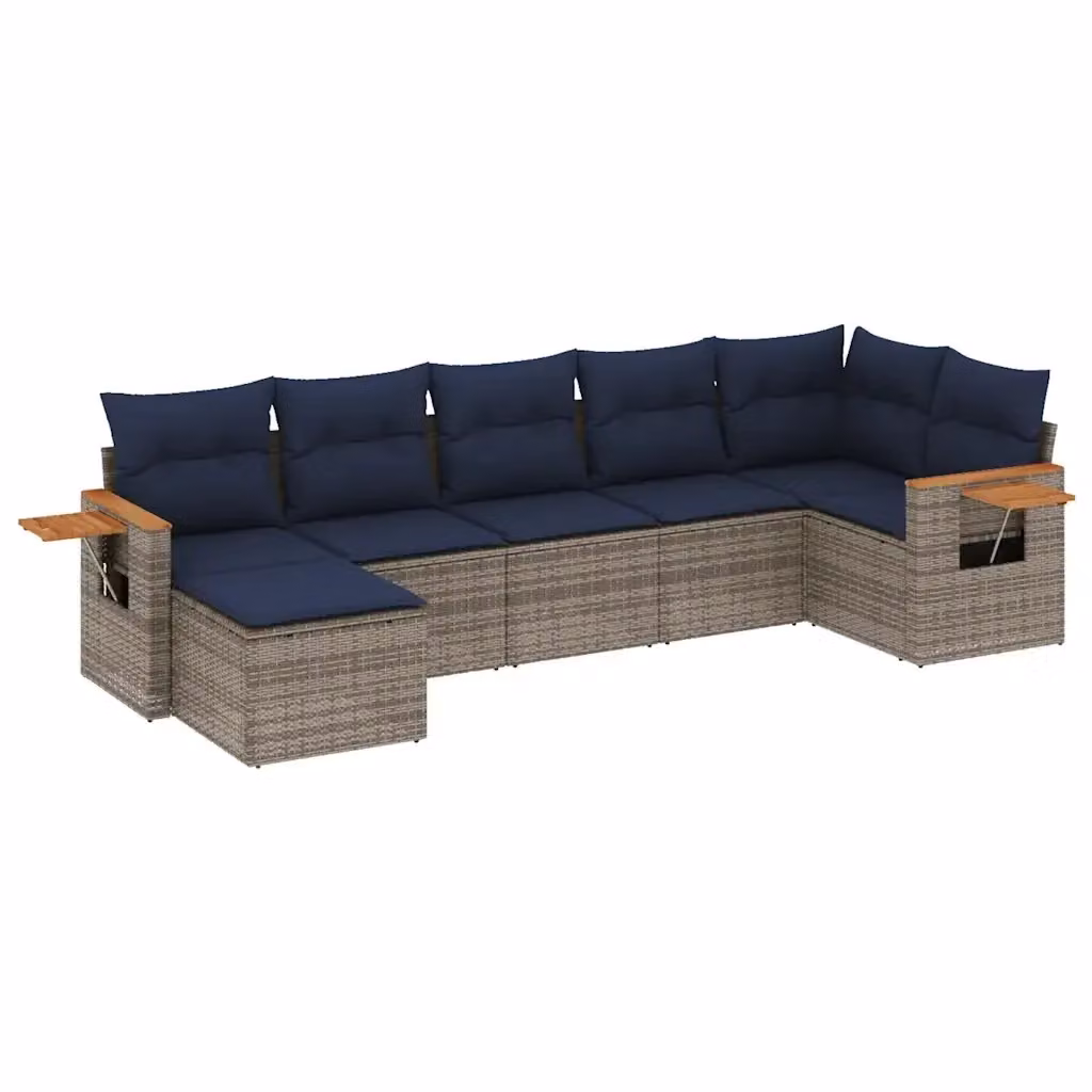 Set di divani da giardino vidaXL a forma di L composto da 7 pezzi in polyrattan con cuscini grigi e blu e struttura in legno di acacia – 2