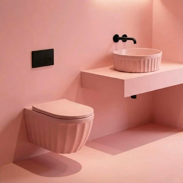 Set: Wc Sospeso + Lavabo Da Appoggio Rea Duo Sweet Pink Matt