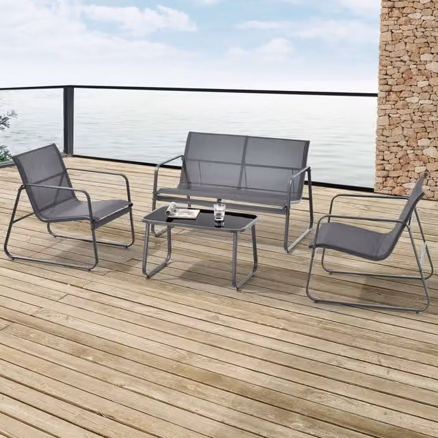 Set Salottino da Esterno Anzi casa.pro con Divano a 3 Posti, Divano a 2 Posti, Poltrona Lounge e Tavolino, Colore Grigio e Nero con Cuscini Inclusi
