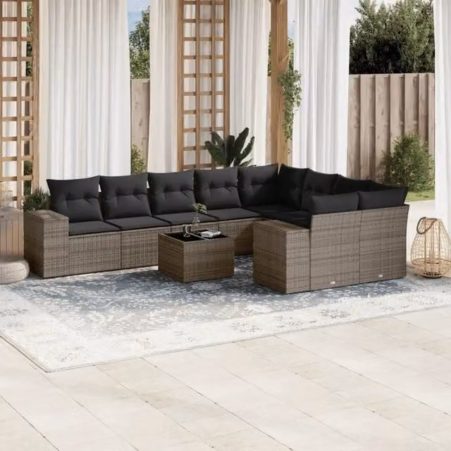 Set Divano da Giardino 10 pz con Cuscini Grigio in Polyrattan 3255387