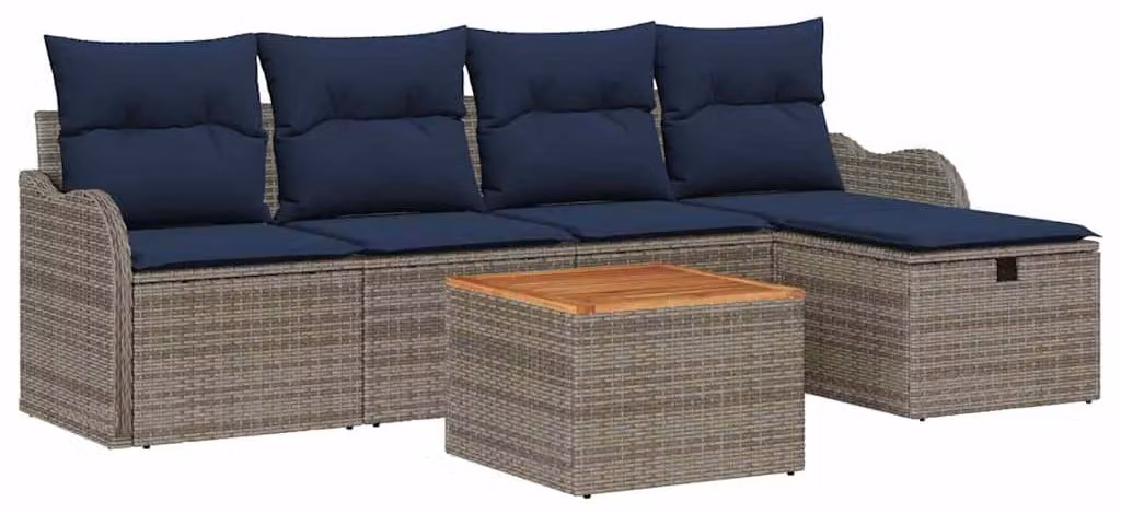 Set di divani da giardino, 6 pezzi, colore grigio, in rattan sintetico