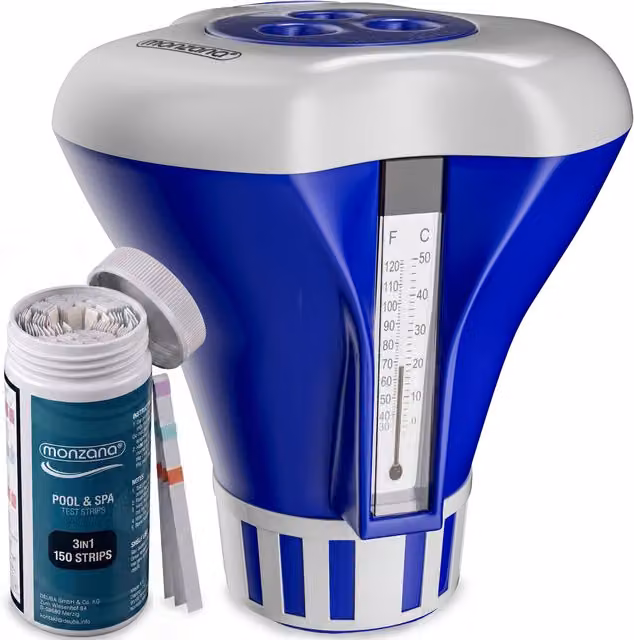 Galleggiante dosatore per piscina MONZANA con termometro e 150 strisce di test 3in1 per pH, cloro e alcalinità, resistente ai raggi UV, blu e bianco – 1