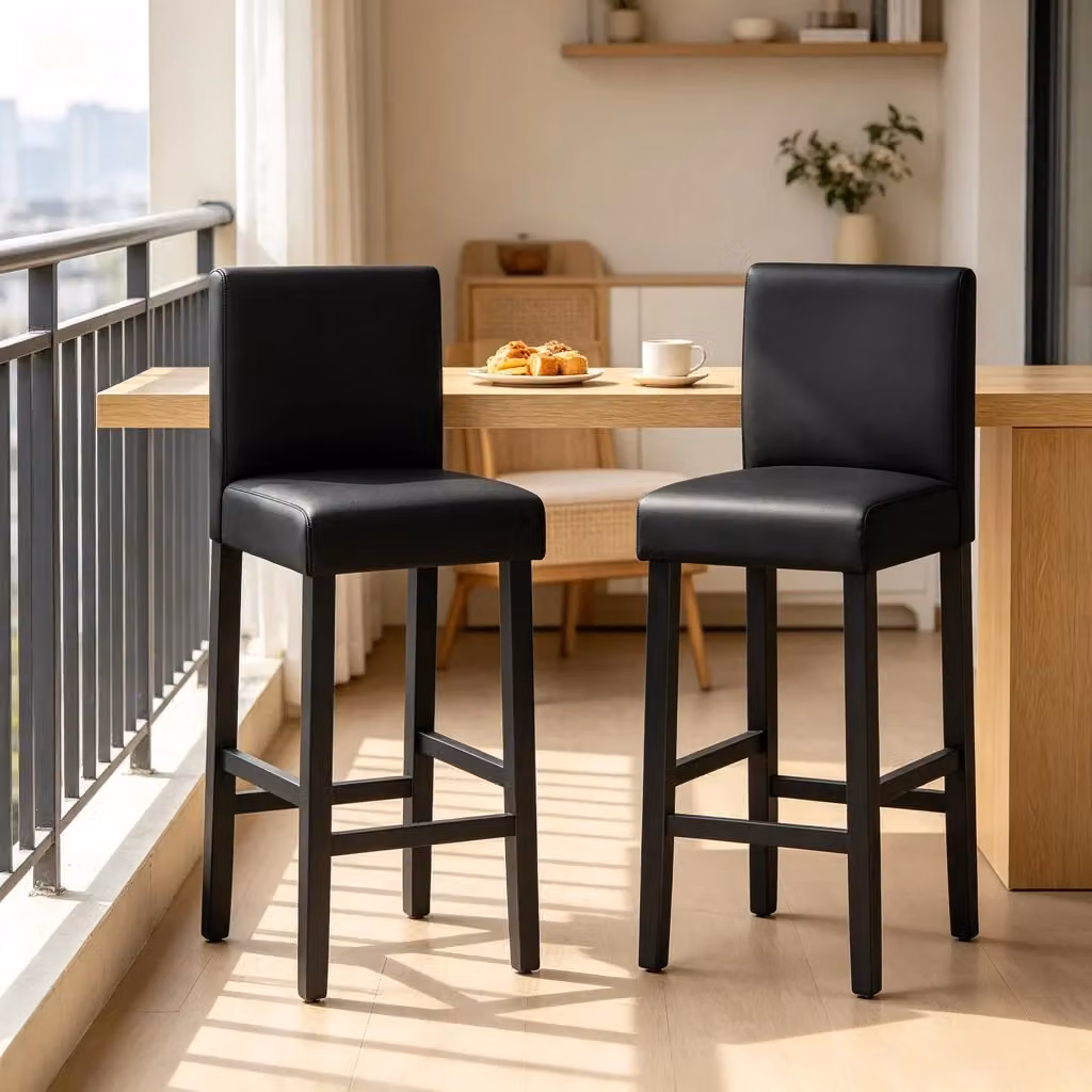 Set di 2 sgabelli da bar WISHDOR in stile industriale con schienale, seduta in similpelle nera e struttura in legno, H: 110 cm, L: 37,5 cm, P: 37,5 cm – 2