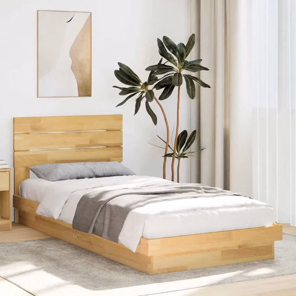 Letto singolo moderno in legno di quercia con testiera e doghe in legno, colore beige, L: 78 cm, P: 196 cm, H: 79 cm – 2