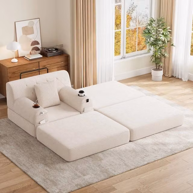 Divano letto 1 posto poggiapiedi ¨C Minimal ¨C Beige corda struttura metallica