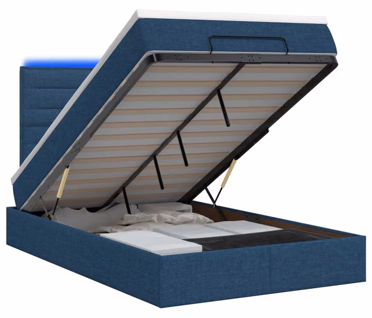 Panca contenitore in stile ottomano con materasso e illuminazione LED blu, dimensioni 120 x 200 cm, rivestita in tessuto