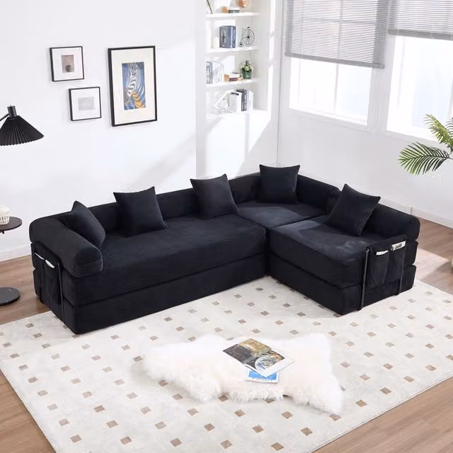 Divano Modulare con Contenitore MINIMAL Nero in Velluto con Funzione Letto e Cuscini Inclusi