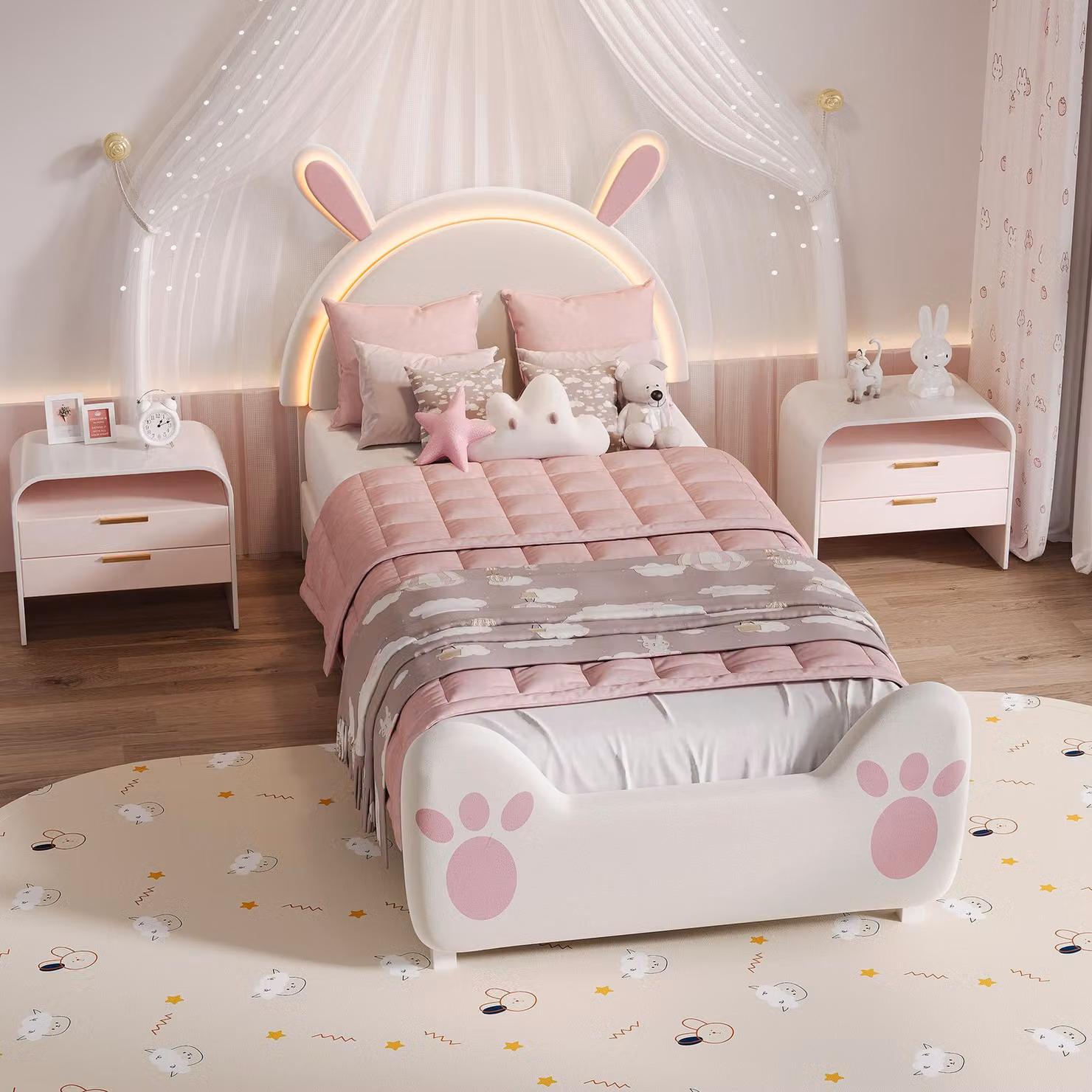 Letto imbottito per bambini UnboxG 90x200 cm con motivo a coniglietto e illuminazione d'atmosfera a LED, morbido tessuto in velluto e motivo a zampe, struttura sicura per la cameretta delle bambine