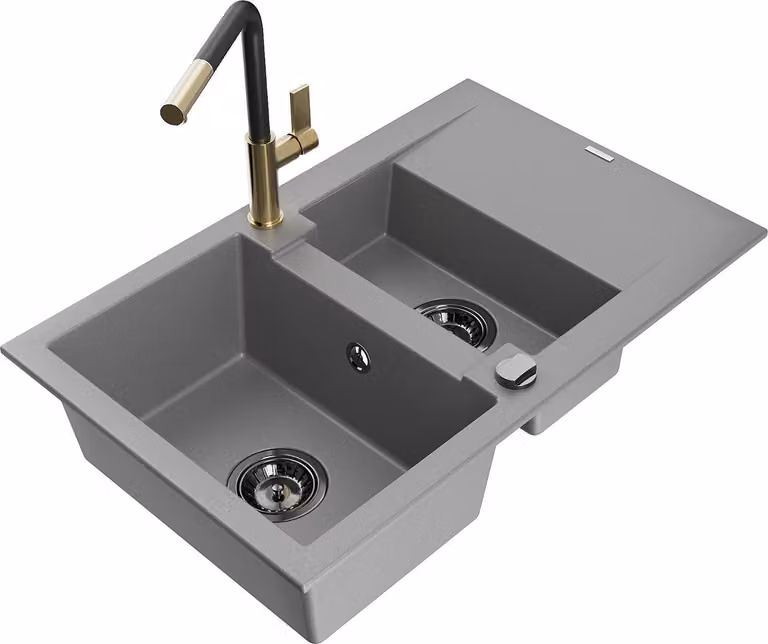Mexen Gaspar lavello in granito 1,5 vasche con scolapiatti e rubinetto da cucina Flora, grigio - 6507-71-670401-57-B