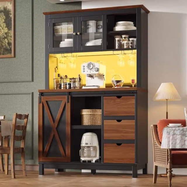 Mobile colonna da cucina con LED RGB; anta scorrevole in vetro e ripiani regolabili nero 104 × 40 × 180 cm