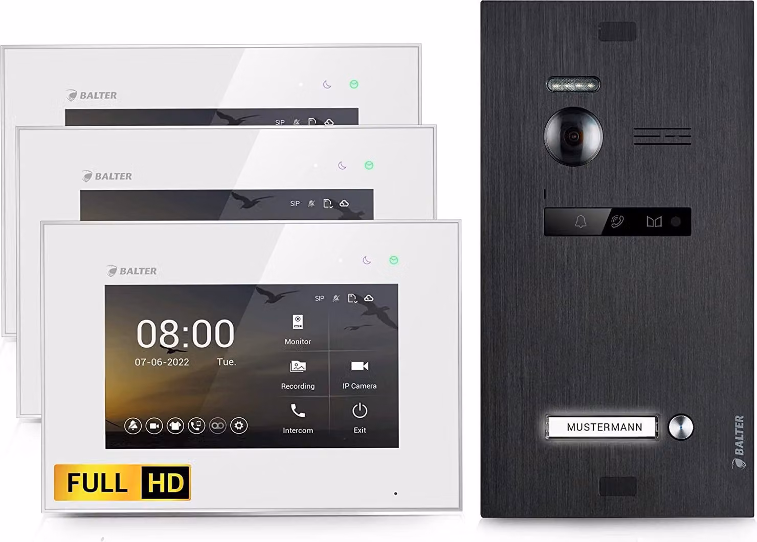 Videocitofono HD per casa monofamiliare, 3x monitor, Balter EVO HD nero