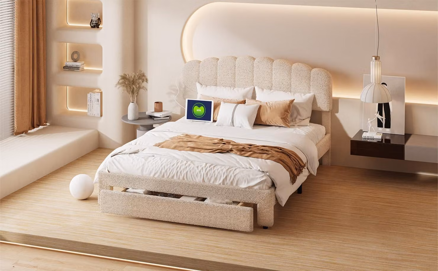 Letto matrimoniale ProximaX 140×200 cm - Morbido tessuto teddy con testata USB - Cassetto alla pediera - Letto confortevole per camera da letto o stanza degli ospiti, beige