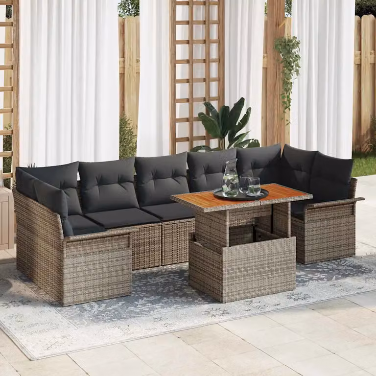 Set Divano da Giardino a L vidaXL 8 pz in Polyrattan Grigio con Tavolino e Cuscini