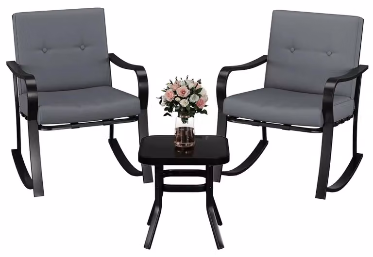 Set di mobili da giardino per esterni - Set da bistrot da 3 pezzi - 2 sedie a dondolo con cuscini - Tavolo in vetro - Struttura in metallo - Per balconi e terrazze - Grigio