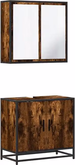 Set Mobili da Bagno Industrial in Legno e MDF Marrone con Mobile Lavabo e Armadietto Specchio a Parete L/P/H: 65 x 33 x 60 cm