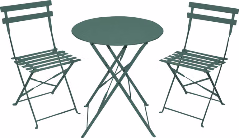 Set bistrot 3 pezzi in metallo con tavolo e sedie pieghevoli verdi