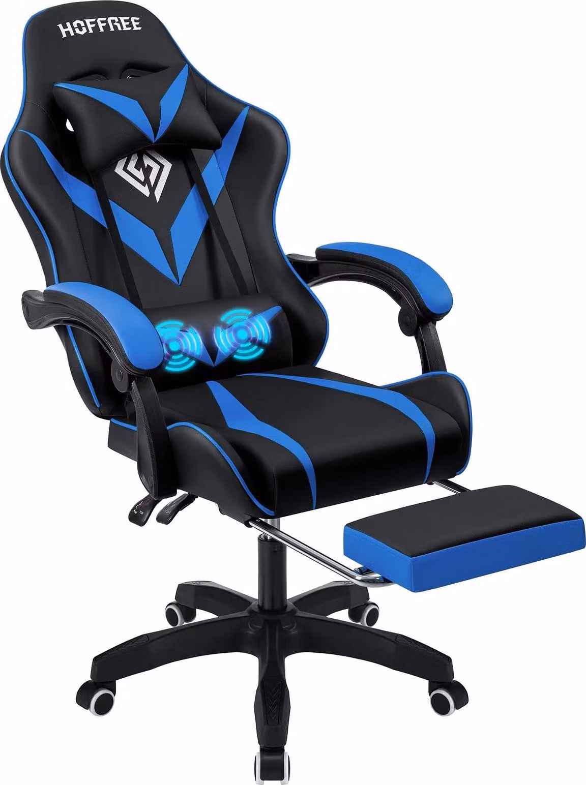 Sedia da gaming con funzione massaggio - Sedia ergonomica per ufficio - Portata massima: 90 kg - Altezza regolabile - Funzione reclinabile con poggiapiedi - Supporto lombare - Blu e nero
