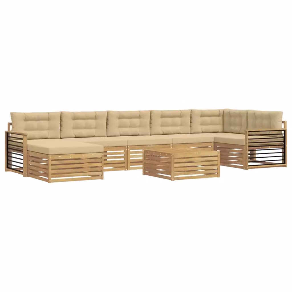 Set di divani da esterno vidaXL a forma di L in legno di acacia con tavolino e pouf, Bianco e Beige – 2
