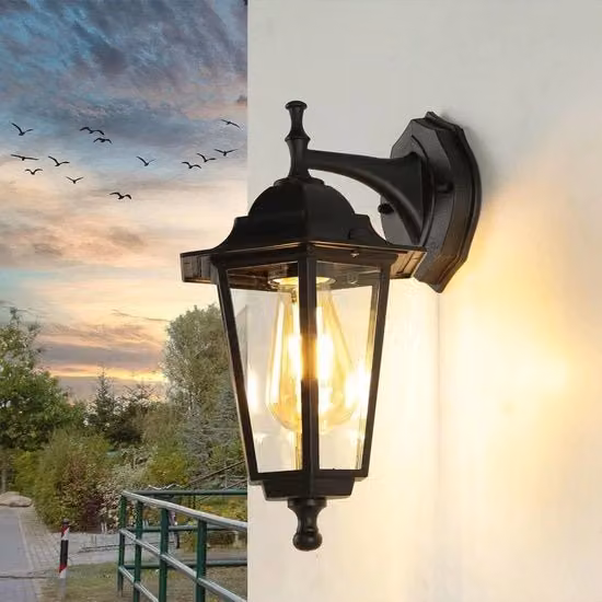 Lampada da esterno vintage a lanterna in alluminio e vetro nero con luce bianca calda IP44 per giardino, balcone e terrazza