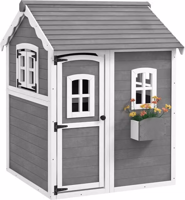 Casetta per bambini Outsunny in legno con porta, finestre e fioriera, Grigio – 1