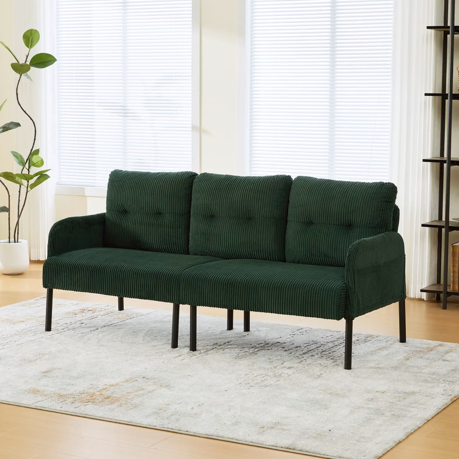 Divano okwish a 3 posti, con chaise longue, dotato di comode tasche laterali, schienale alto, gambe in metallo robuste, ideale per il soggiorno e la camera da letto, colore verde
