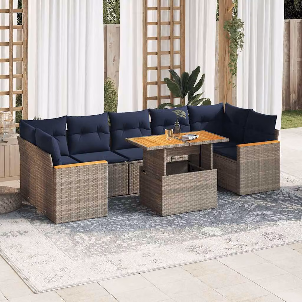Set Divano da Giardino vidaXL 8 Pezzi a Forma di L in Polyrattan con Cuscini Grigio e Blu e Tavolino da Esterno