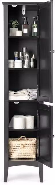 Set di 2 mobile bagno alto con 2 ante 5 vani, Colonna bagno da terra salvaspazio 37x37x160cm Nero